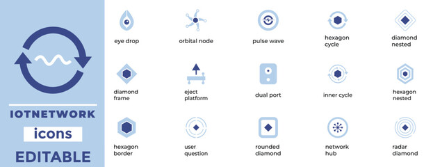 IoT Network and Digital Connection Icon Set. Abstract Geometric Nodes, Data Cycles, Smart Hubs, and Technology Vector Symbols.