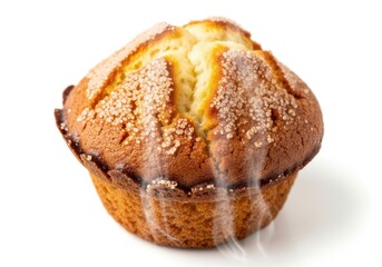 Freshly baked pastry item with sugary topping emits visible steam against a white background