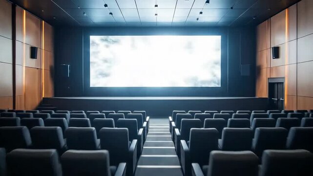 Empty movie theater with rows of seats facing a large screen, ready for ence.