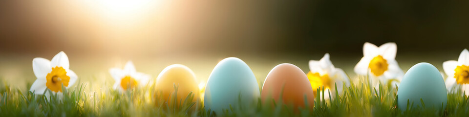 Fototapeta premium Easter eggs rest in sunny grass with daisies and warm bokeh.​