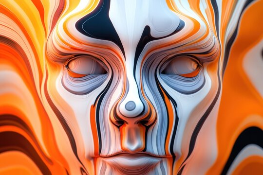 Detailed abstract face with swirling patterns in vibrant orange and white shades - Powered by Adobe