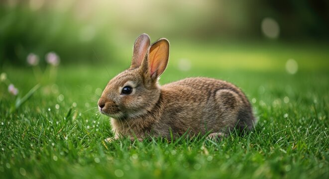 A brown rabbit sitting in a lush green grassy field