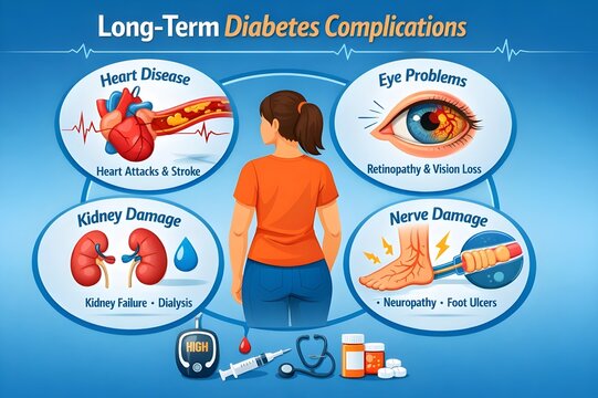 Vector Infographic of long term diabetes complications heart, kidney eyes, nerves 