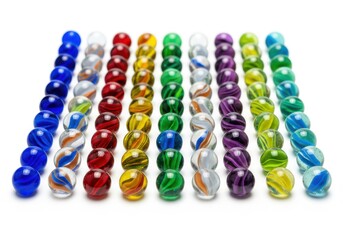 Rows of colorful glass spheres displaying a spectrum of shades against a white backdrop