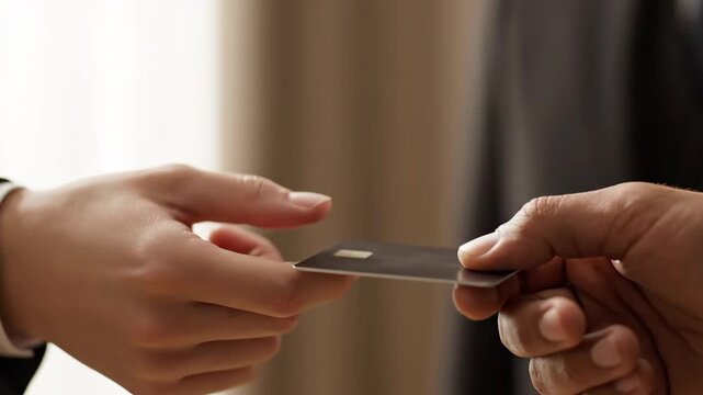 Close up of two businessmen exchanging a business card in an office setting.