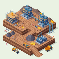 Industrial Mining Site with Machinery and Infrastructure.