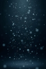An abstract blue winter background features falling snow flakes and a dark starry night sky filled with glowing galaxy particles and nebula light for a holiday christmas design