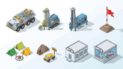 Isometric Construction Site Equipment and Buildings.