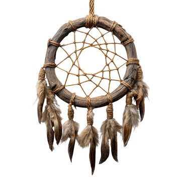 Different hanging dream catchers of Indian culture concept. Traditional dream catcher with feathers and woven patterns.
