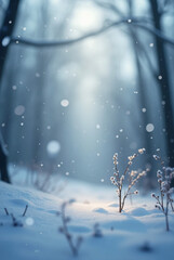 A serene winter landscape featuring snow covered branches of trees in a frost-filled white forest under a blue sky for a cold Christmas nature scene