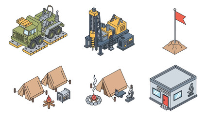 Campsite Buildings and Equipment Illustration Set.
