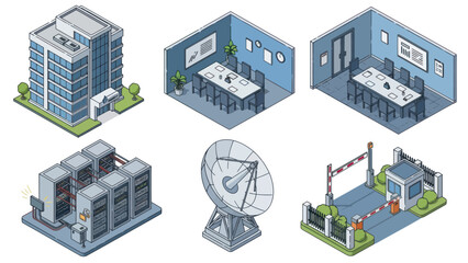 Collection of 3D Industrial Building Illustrations and Satellite Dish.