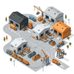 Isometric Factory Buildings with Equipment and Vehicles.