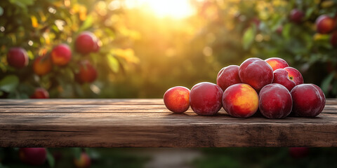 Fresh plums stacked on rustic wooden table with plum orchard background glowing in morning sun, perfect for food advertising, wellness branding, organic product packaging and website hero banners.