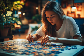 Happy woman solving colorful puzzle pieces on a table at home