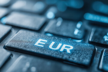 EUR key on keyboard symbolizes euro currency and European finance.