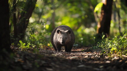 Cute wombat walking along a forest path in natural habitat