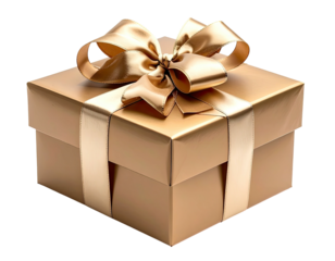 Gleaming golden gift box tied with a luxurious ribbon bow