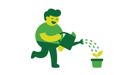Obraz premium Happy green cartoon man watering a small potted plant, symbolizing growth, care, and environmental sustainability. Nature concept.