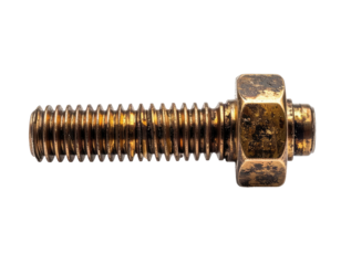 Close-up of a well-worn, golden bolt and nut against black