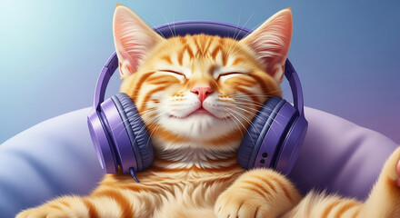 Close-up of a ginger cat wearing purple headphones, eyes closed, peaceful expression, suggesting relaxation, joy, and auditory pleasure, for music concepts