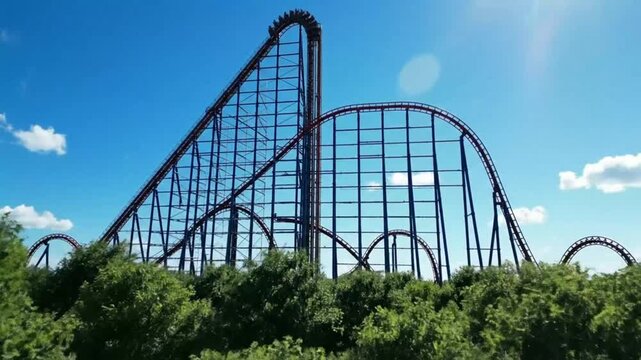 Epic Roller Coaster Ascent and Thrilling Ride on a Sunny Blue Sky Day at Amusement Park