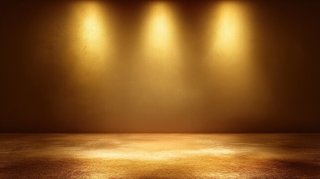 Empty gold-brown background with floor for product presentation, soft top light in a studio room, clean minimal space ideal for showcasing items