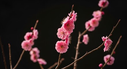 Vibrant pink flowers bloom on a tree branch against a dark background in nature.