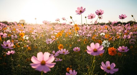 Vibrant pink and orange flowers bloom in a sunny field of Nature's beauty at sunset