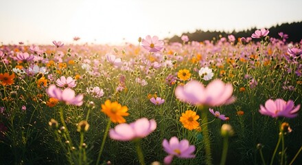 Vibrant pink and orange flowers bloom in a lush green field at sunset
