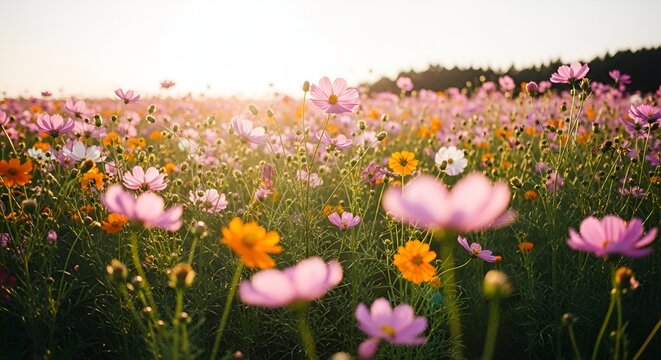 Vibrant pink and orange flowers bloom in a lush green field at sunset - Powered by Adobe