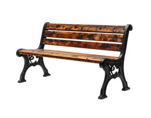 Wooden bench with ornate black cast iron supports, set against black backdrop