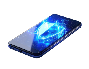 A glowing shield symbol on a smartphone screen, against a black background