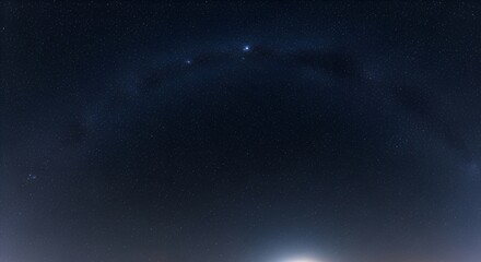 A celestial display of stars and celestial bodies in the night sky with a bright light source at the horizon, Image fx effect
