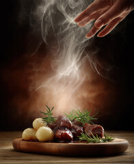 Hand seasons steaming meat with rosemary and potatoes on wooden board.
