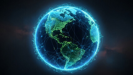 Glowing Earth from Space with Neon Outline.