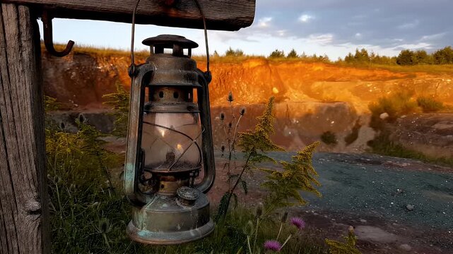 Golden Hour Light On A Vintage Oil Lamp In A Deserted Quarry