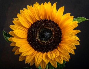 Close-up of a vibrant sunflower against a dark, mottled background. Detailed view showcases bright yellow petals and a dark center