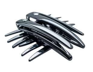 Futuristic, geometric silver claw structure on black background