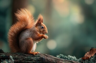 Obraz premium A furry red squirrel with a bushy tail eats a nut on a branch