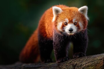 Fototapeta premium A red panda stands on a mossy log, its face looking directly ahead