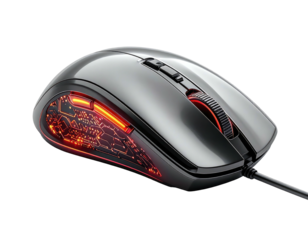 Futuristic computer mouse with glowing interior and sleek, ergonomic design