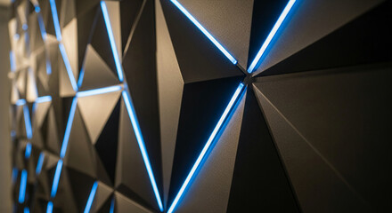 Close-up of geometric wall with black triangles and blue light, creating futuristic, modern atmosphere, representative of innovation, and technology