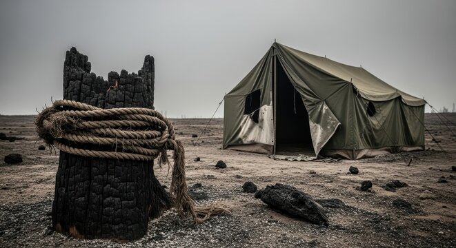 Weathered Military Style Tent Stands Alone Amidst Desolate, Damaged Environment