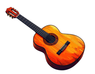 Angled close-up of a wooden acoustic guitar against a dark background