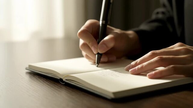 Close up of a persons hand writing in a journal with a pen.