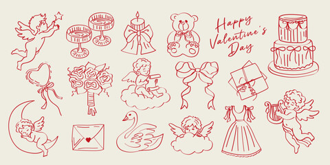 Hand drawn vintage Valentine’s Day elements set with cute bows, swan, letter, cupids, hearts, ribbons, roses, cake and candle. Trendy doodle illustrations for wedding invitation, birthday card. © Loya.art