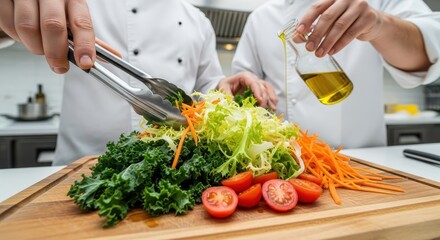 Chefs meticulously preparing a vibrant fresh salad with crisp vegetables and dressing in a bustling restaurant kitchen.