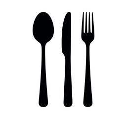 Spoon, knife and fork silhouette icons vector illustration on white background. Minimalist dining tools. Restaurant menu concept.