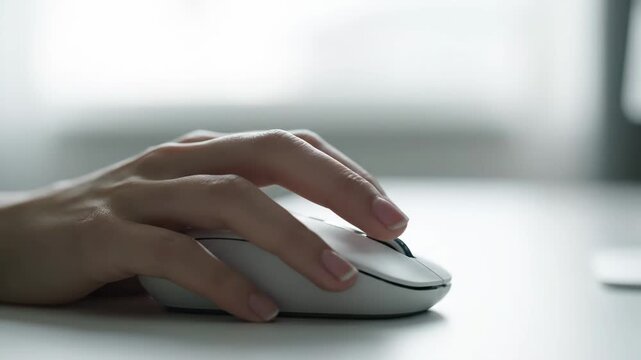 Close up shot of a persons hand using a computer mouse on a white desk.